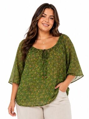 Alchemy Fashions Recycled Sari Silk Green Floral Peasant Blouse Top Boho